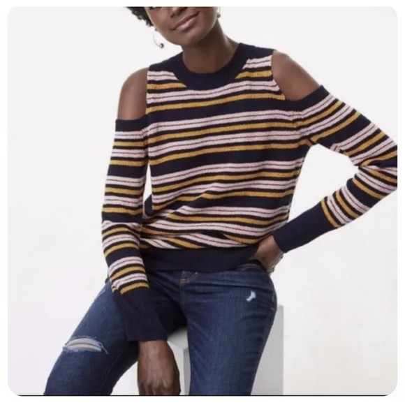 LOFT Sweaters - Ann Taylor LOFT Women Sweater Navy Stripe Chenille Cold Shoulder Size XXL New